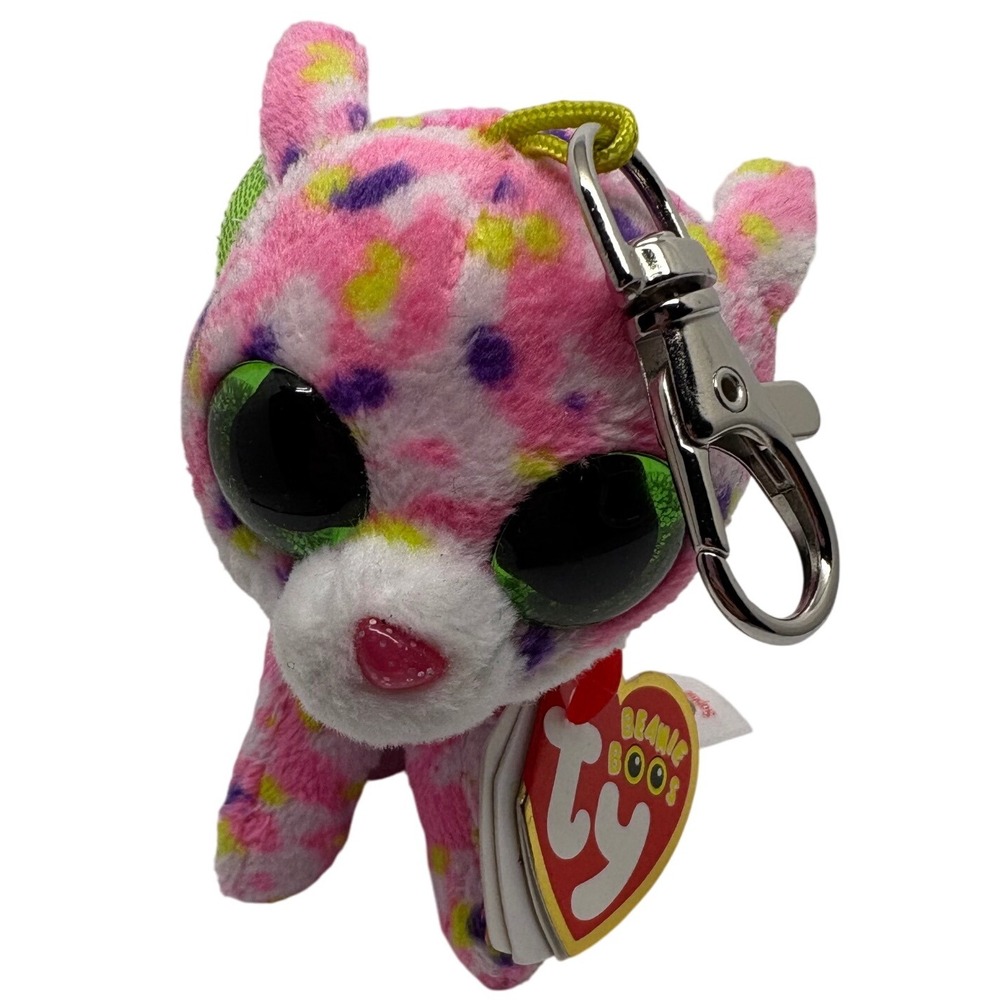 Ty Beanie Boos Sophie Cat Clip Plush Pink Leopard Spots Green Eyes Keychain‎